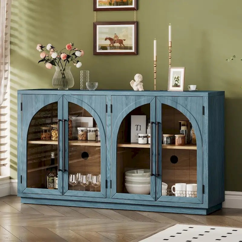 Buffet rétro 4 portes avec grand espace de rangement, poignées métalliques et étagères réglables