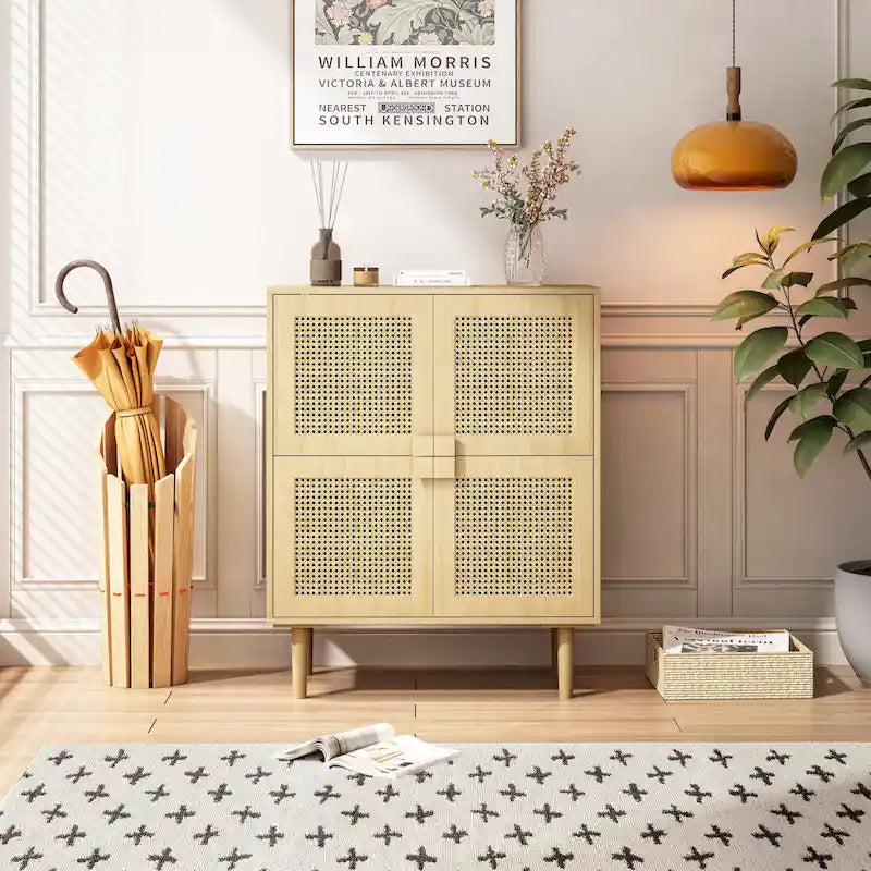Meuble de Rangement en Rotin 4 Portes, Buffet avec Huit Espaces de Rangement, pour Entrée, Salon, Couloir (Naturel)