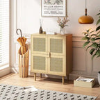 Meuble de Rangement en Rotin 4 Portes, Buffet avec Huit Espaces de Rangement, pour Entrée, Salon, Couloir (Naturel)