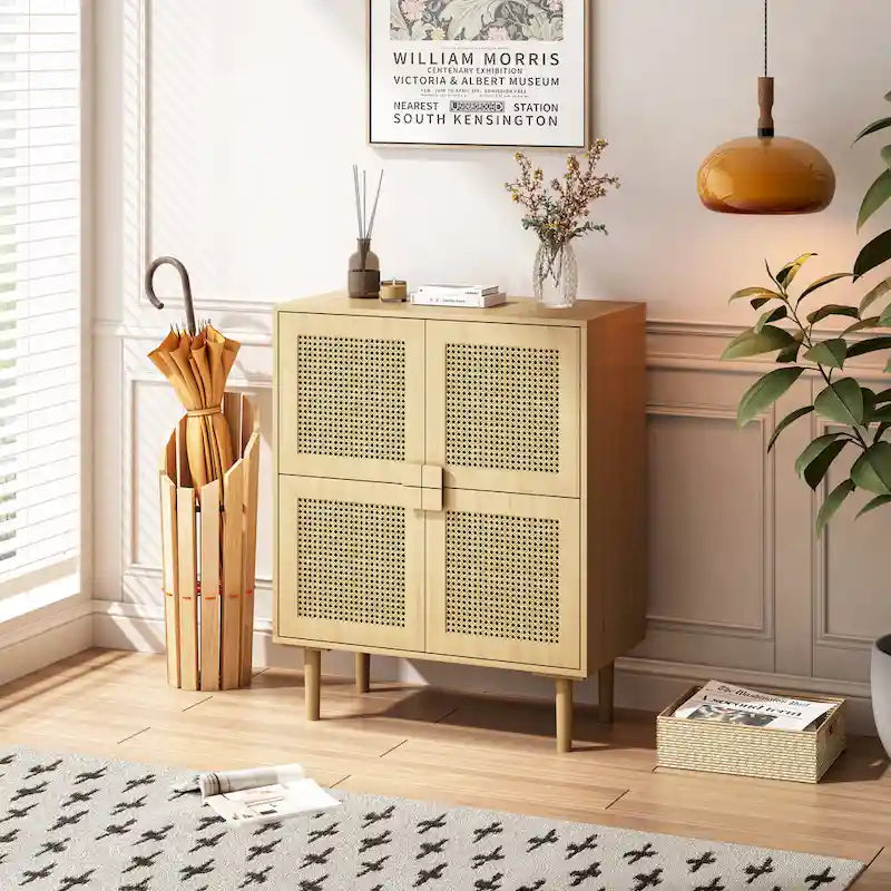 Meuble de Rangement en Rotin 4 Portes, Buffet avec Huit Espaces de Rangement, pour Entrée, Salon, Couloir (Naturel)