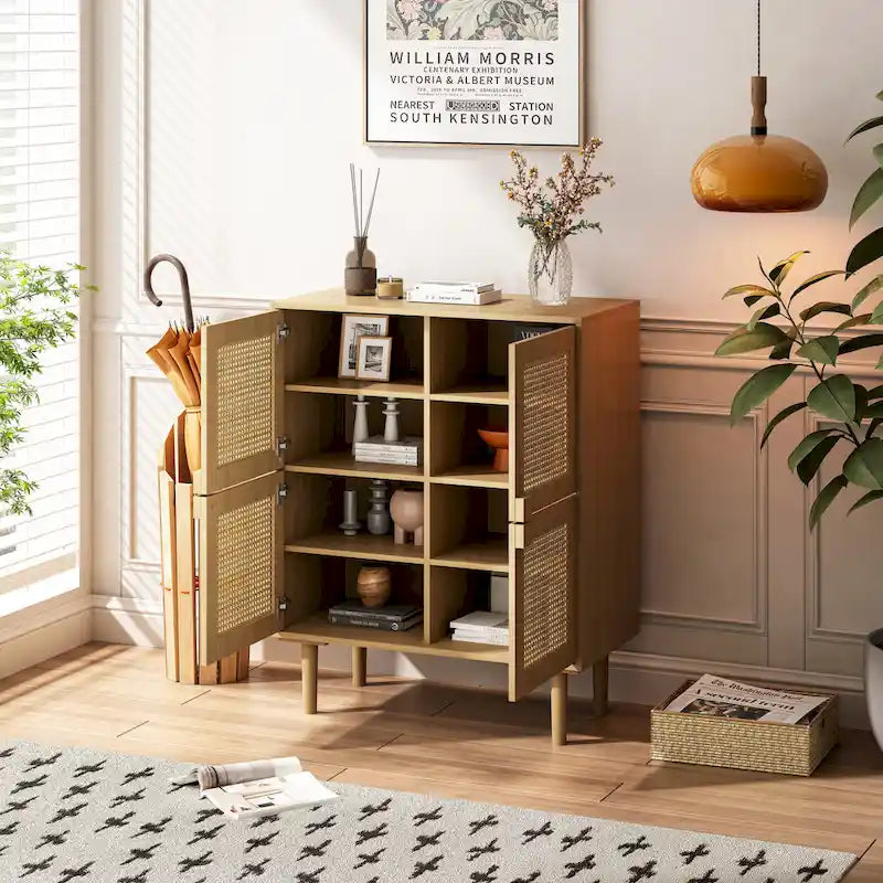 Meuble de Rangement en Rotin 4 Portes, Buffet avec Huit Espaces de Rangement, pour Entrée, Salon, Couloir (Naturel)