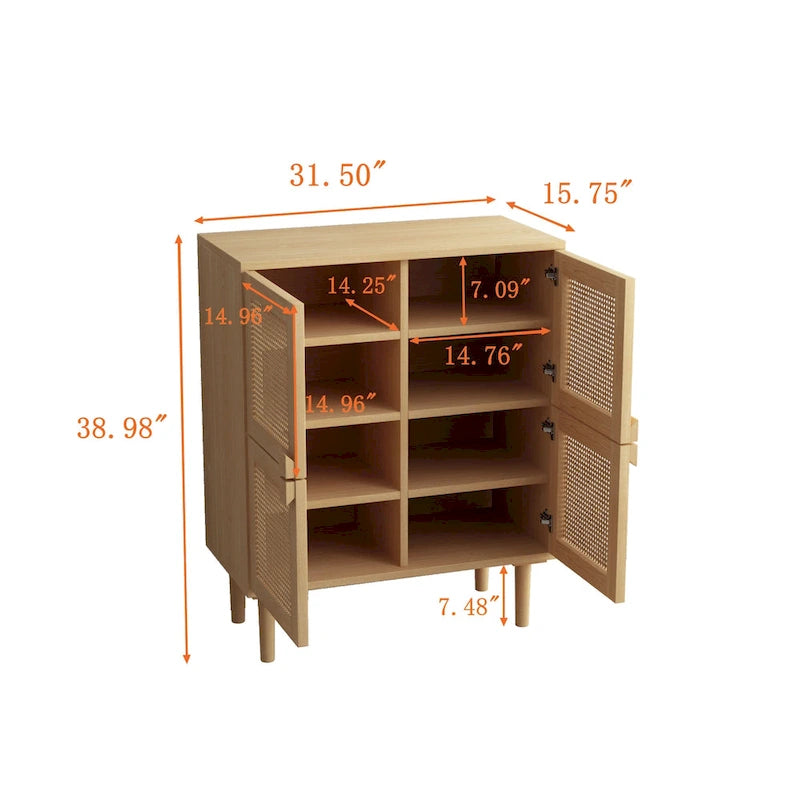 Meuble de Rangement en Rotin 4 Portes, Buffet avec Huit Espaces de Rangement, pour Entrée, Salon, Couloir (Naturel)