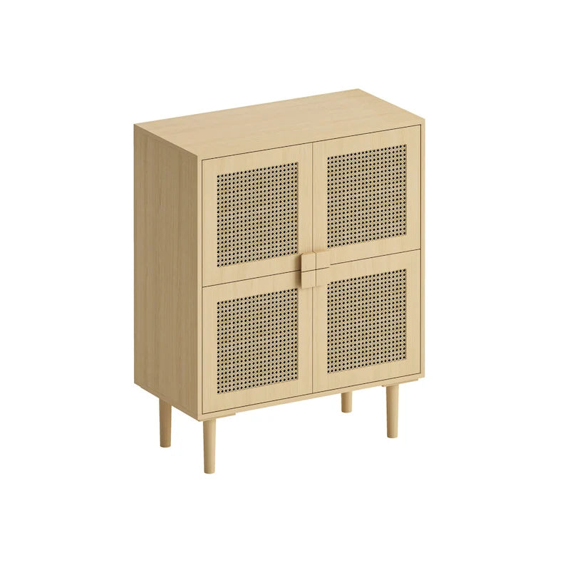 Meuble de Rangement en Rotin 4 Portes, Buffet avec Huit Espaces de Rangement, pour Entrée, Salon, Couloir (Naturel)