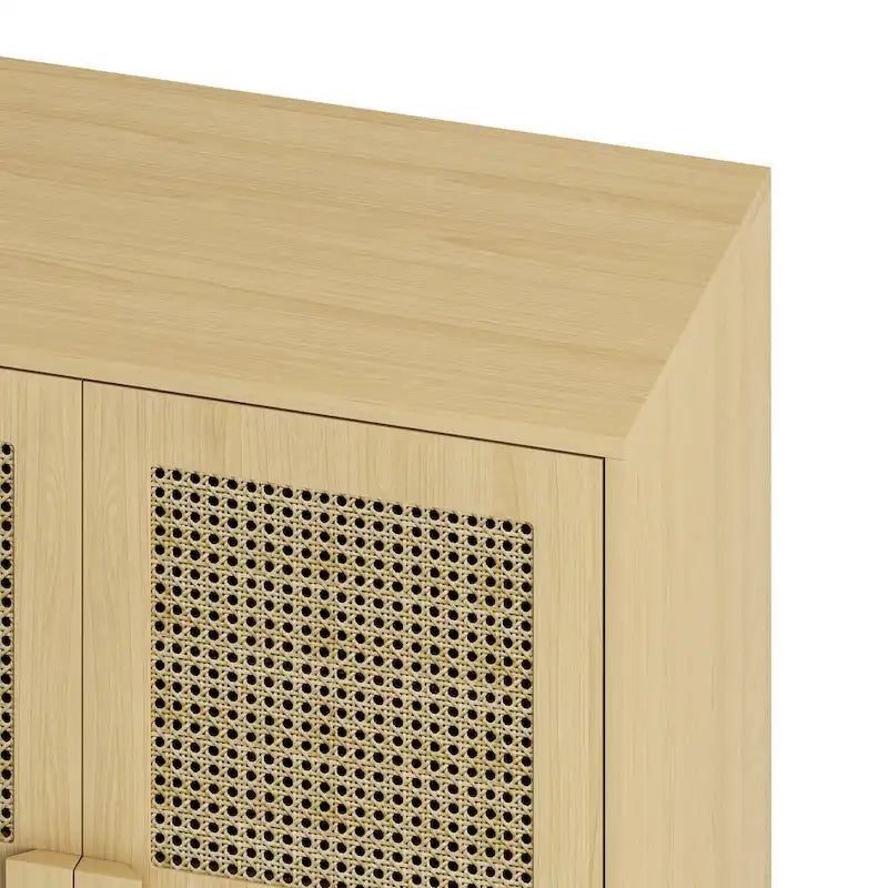 Meuble de Rangement en Rotin 4 Portes, Buffet avec Huit Espaces de Rangement, pour Entrée, Salon, Couloir (Naturel)